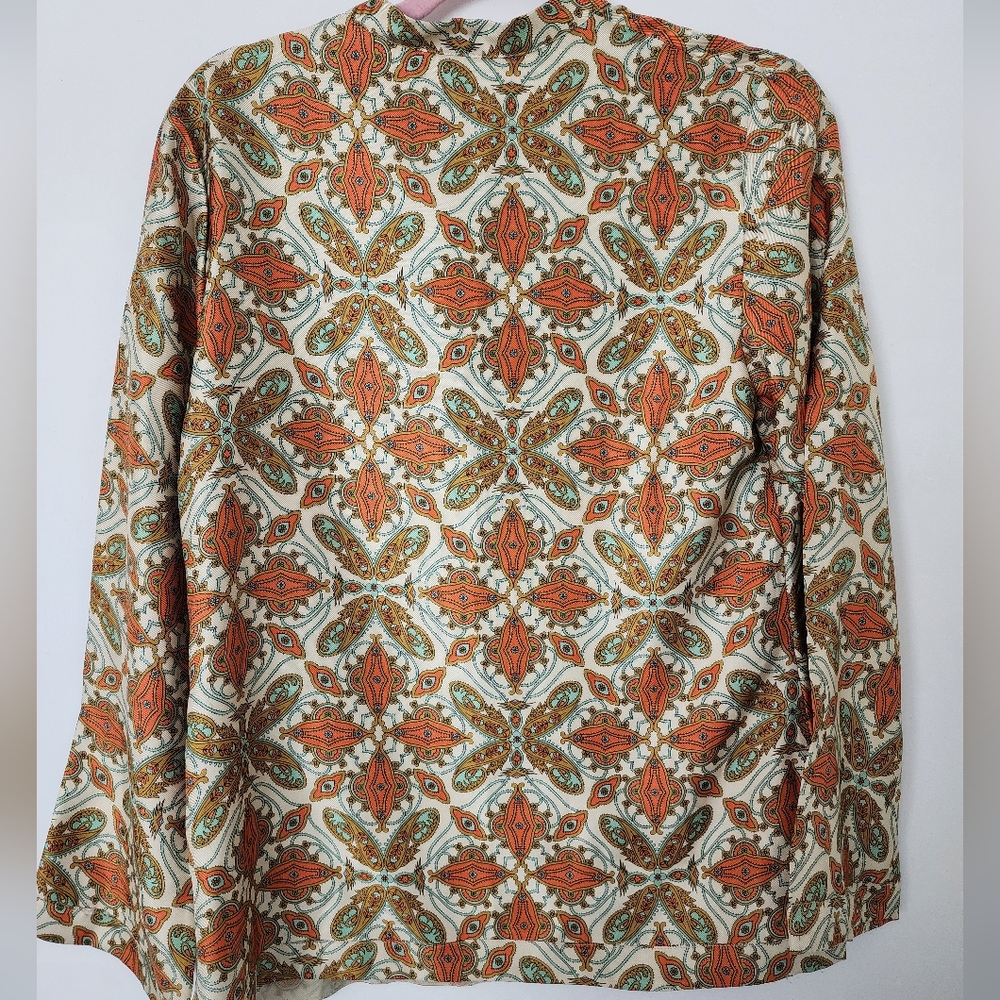 Vintage Talbots Psychedelic Butterfly Orange Blue Cream Bell Sleeve silk Blouse - Picture 3 of 8